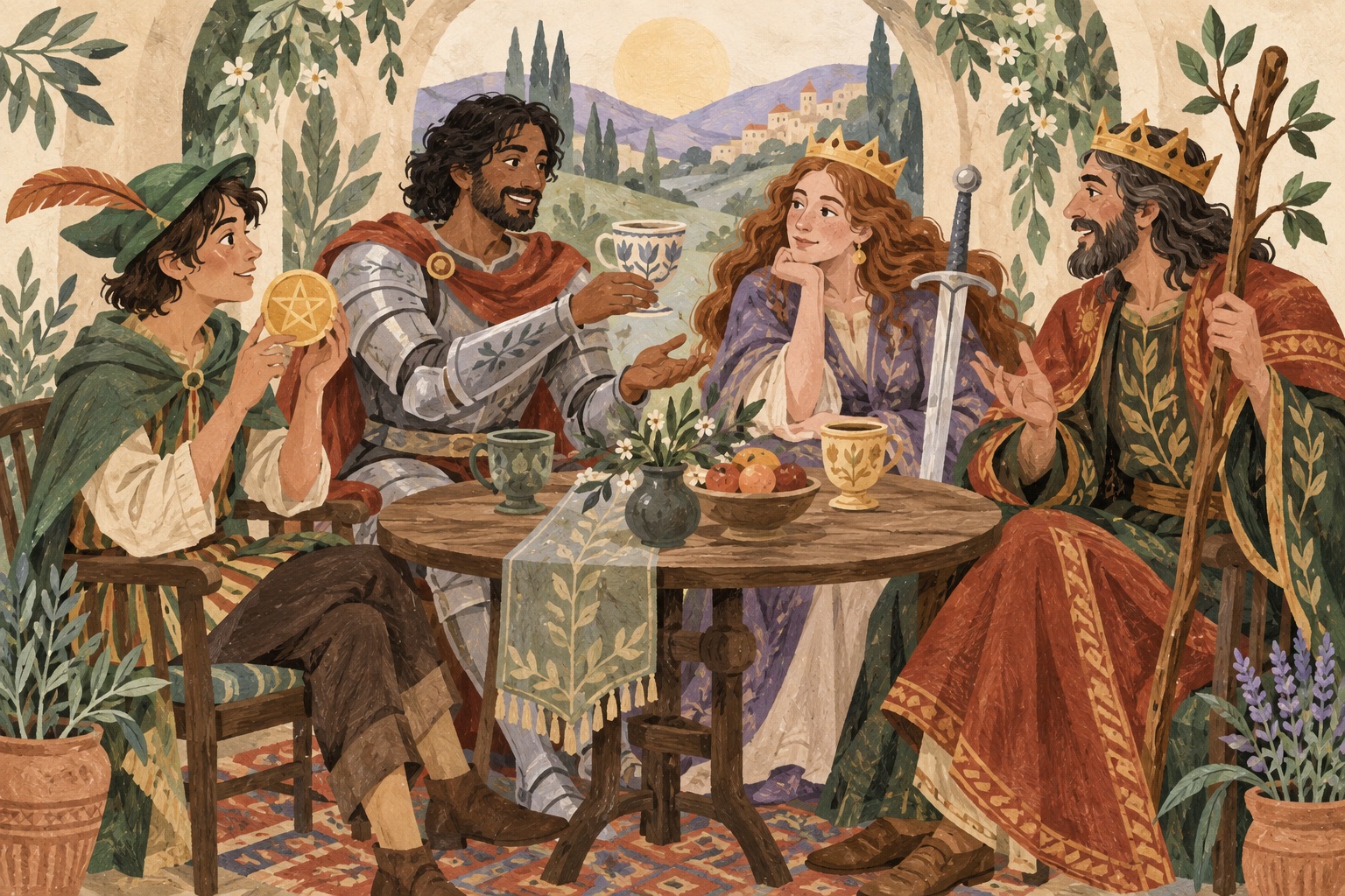 Illustration of a Page, Knight, Queen and King sharing a table with a pentacle, cup, sword and wand