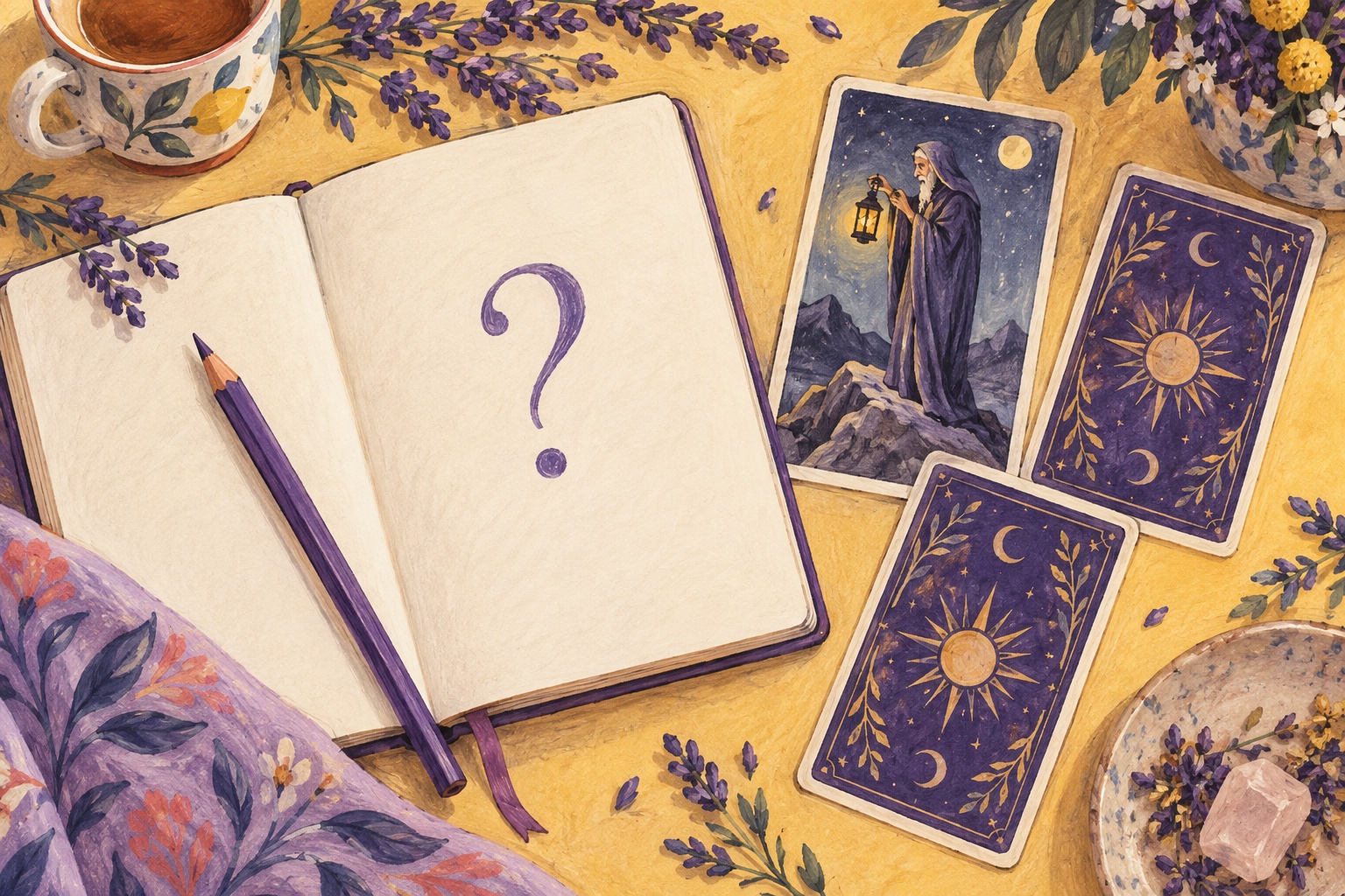 Illustration of a notebook with a question mark, a pencil and three tarot cards, including the Hermit, for a guide to asking tarot questions
