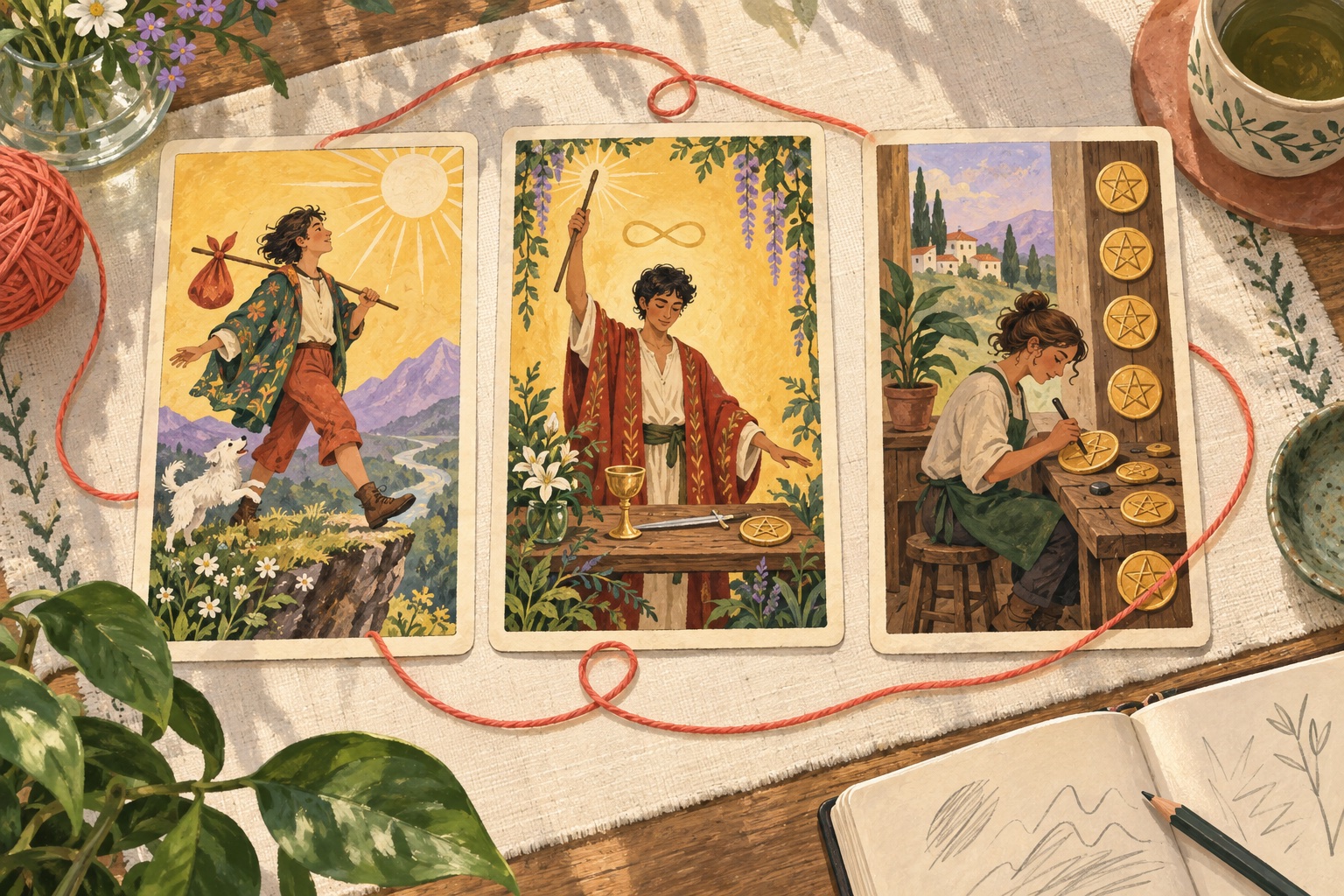 Illustration of the Fool, Magician and Eight of Pentacles connected by a coral thread on a reading table