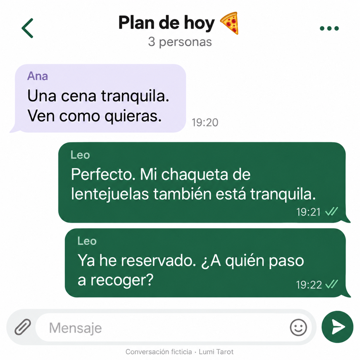 Conversación ficticia: Leo elige una chaqueta de lentejuelas, reserva la cena y ofrece recoger a sus amigos.