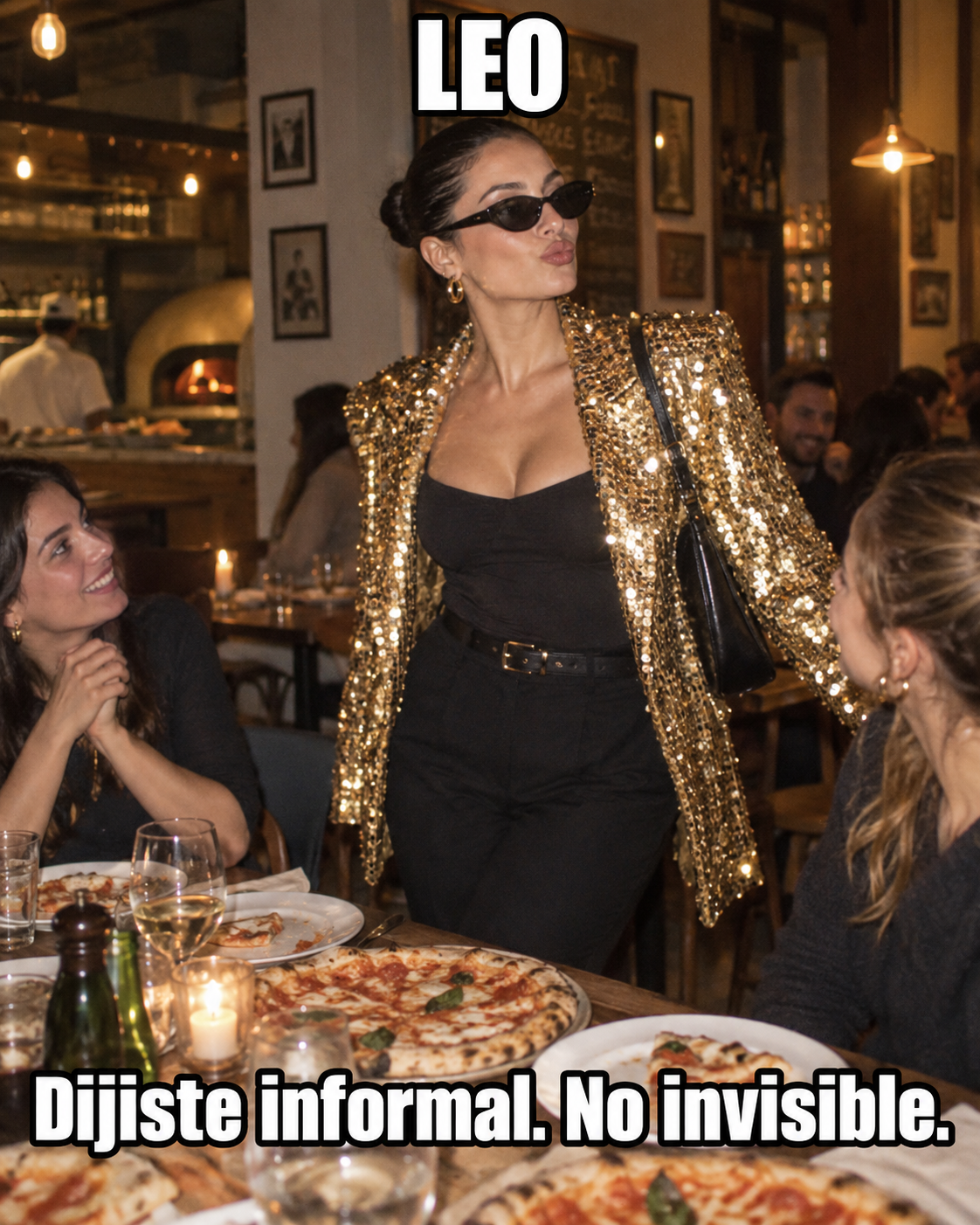 Leo con chaqueta de lentejuelas en una cena informal: « Dijiste informal. No invisible. »