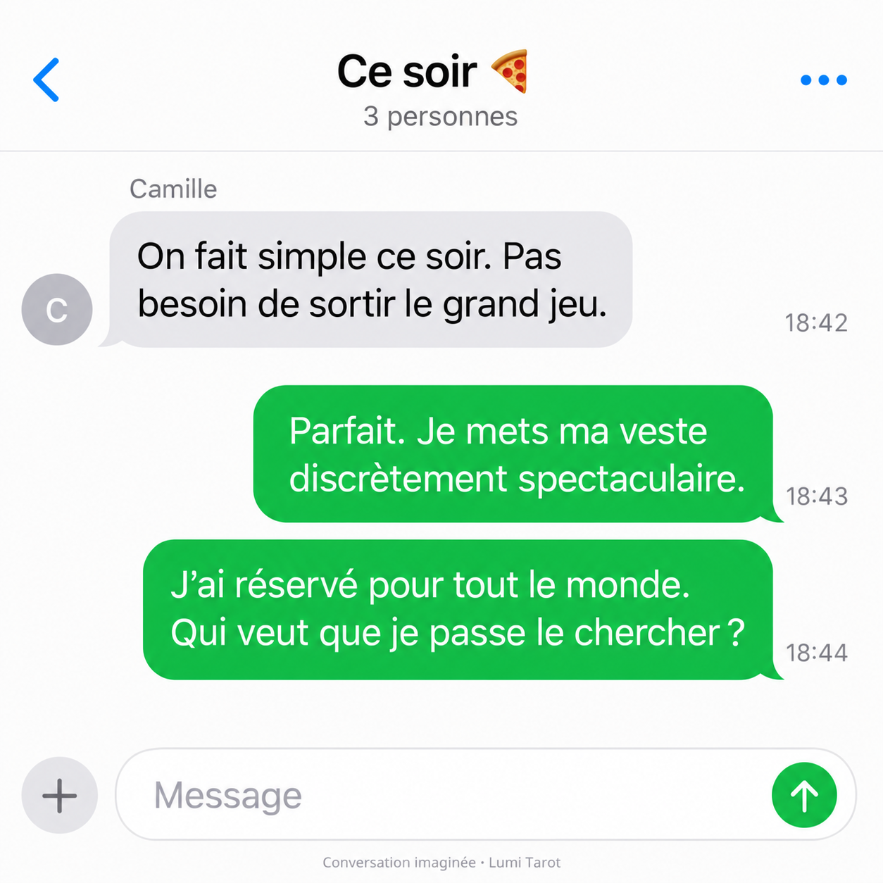 Conversation fictive : le Lion choisit une veste spectaculaire, réserve le dîner et propose de passer chercher ses amis.