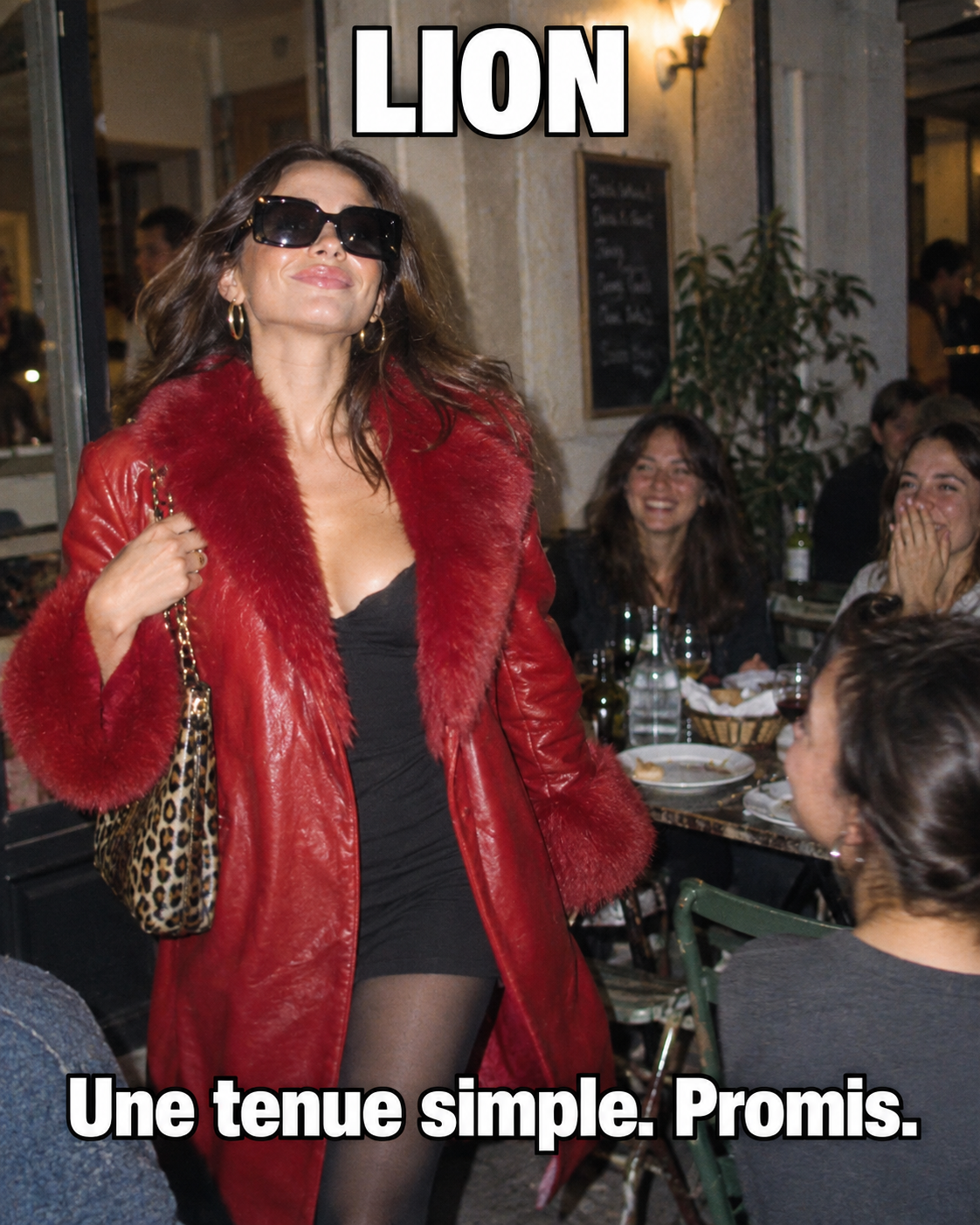 Lion en veste rouge et lunettes noires à un dîner décontracté : « Une tenue simple. Promis. »