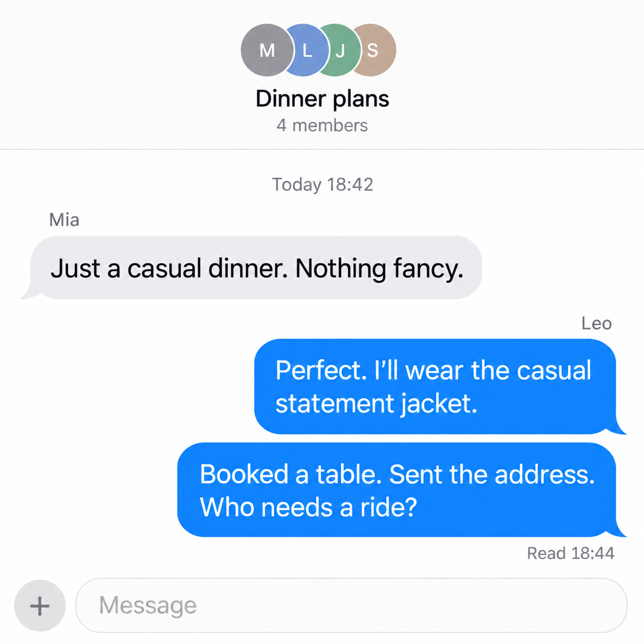 Fictional group chat created for Lumi Tarot: Leo promises a statement jacket, then books the table and offers everyone a ride.