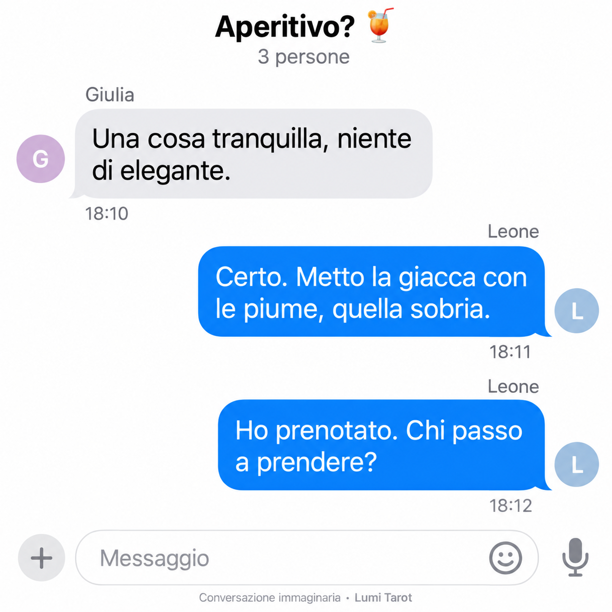 Conversazione immaginaria: il Leone sceglie la giacca con le piume, prenota e offre un passaggio agli amici.