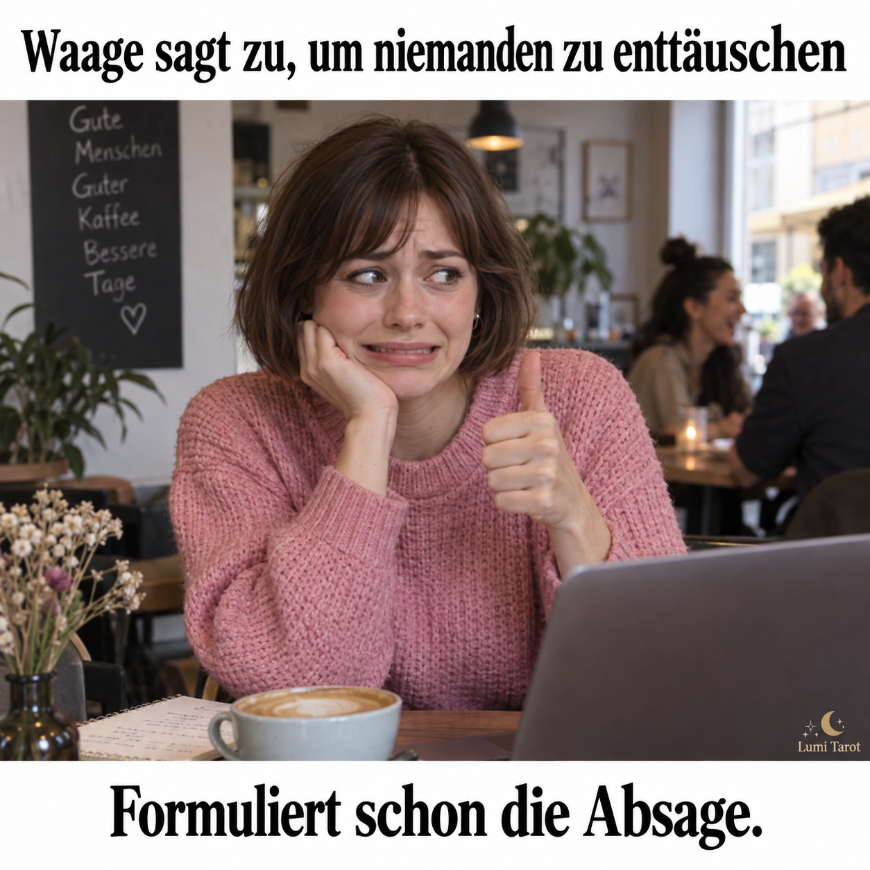 Waage-Meme: Eine Frau sagt mit gequältem Lächeln zu und überlegt schon, wie sie den Plan wieder absagen kann.
