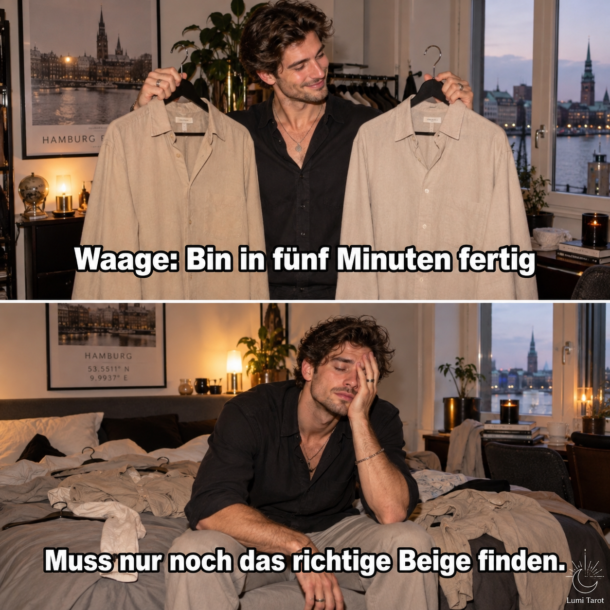 Waage-Meme: Ein Mann will in fünf Minuten fertig sein, vergleicht aber noch zwei fast gleiche beige Hemden.