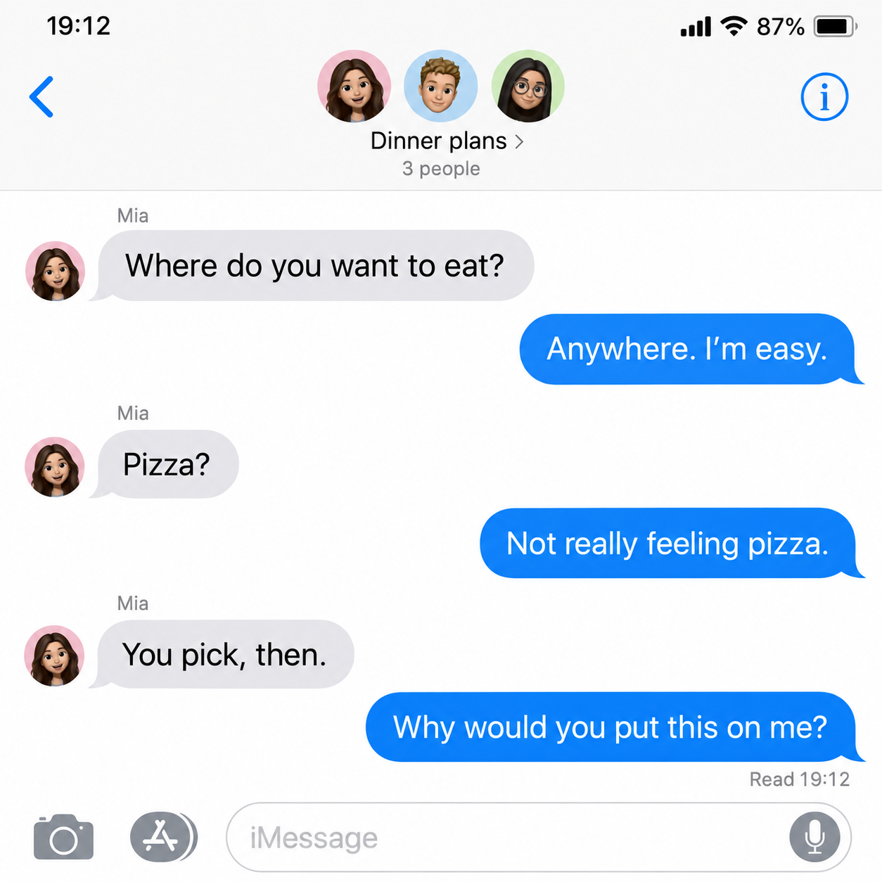 Imagined dinner chat: Libra says anywhere is fine, rejects pizza, then panics when asked to choose.