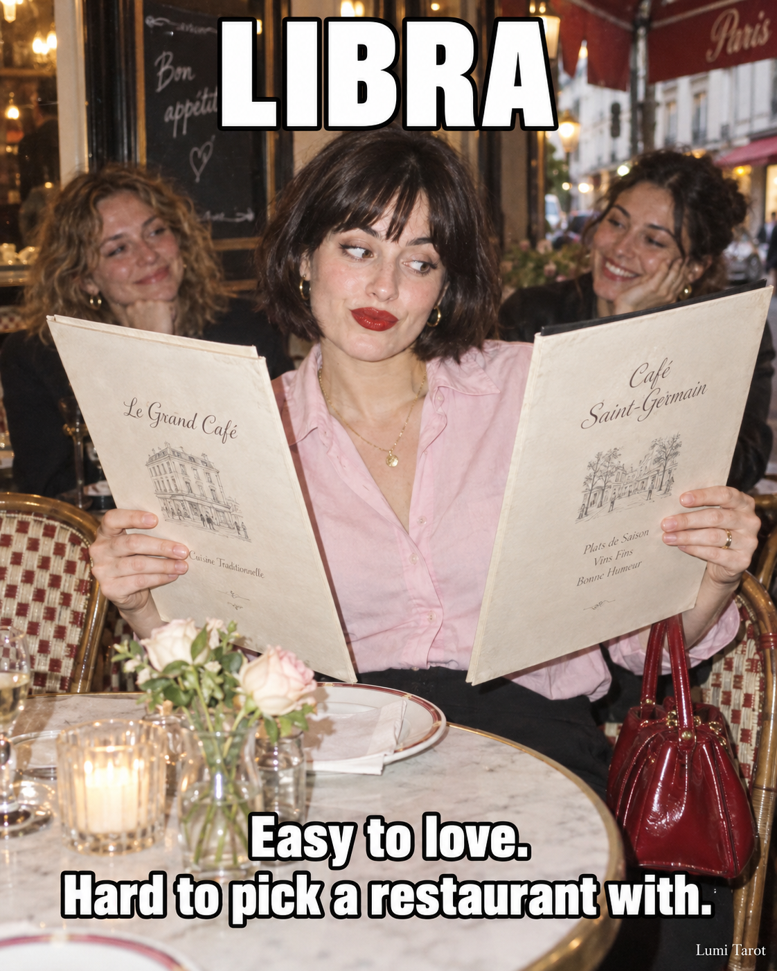 Libra meme: choosing between two restaurant menus.