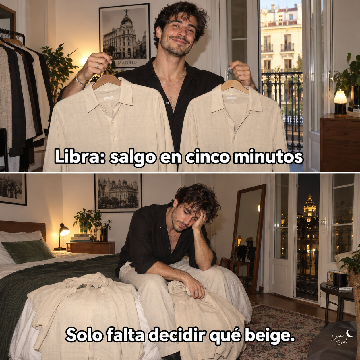 Meme de Libra: un hombre promete salir en cinco minutos y sigue eligiendo entre dos camisas beige.