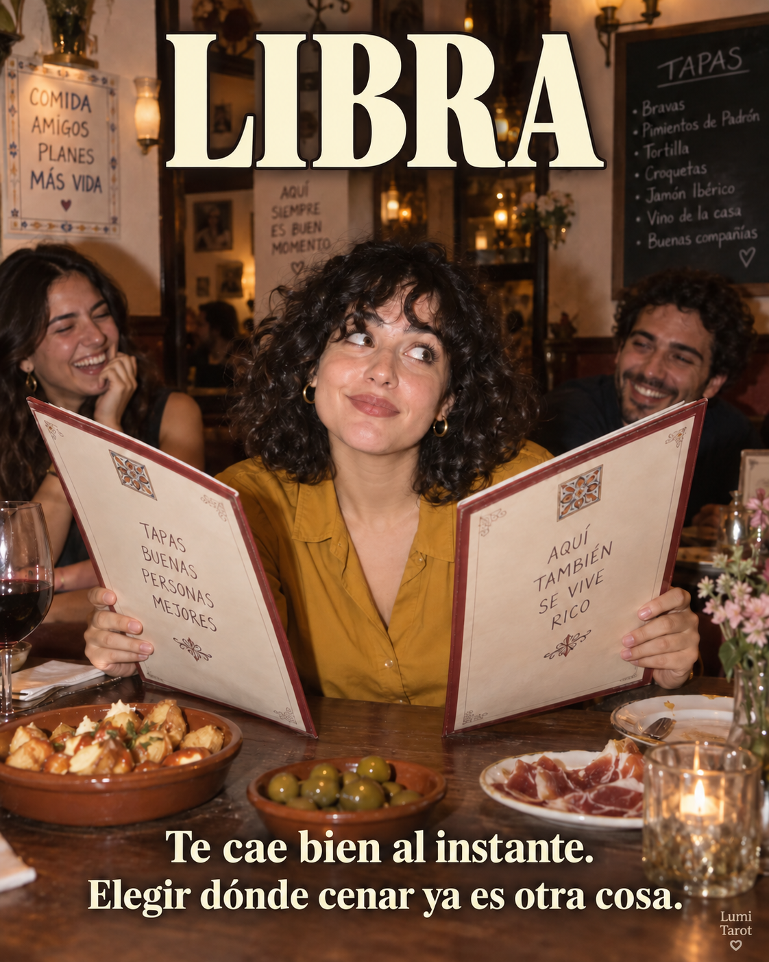 Meme de Libra: una mujer duda entre dos cartas en un bar, aunque conectar con la gente le resulta fácil.