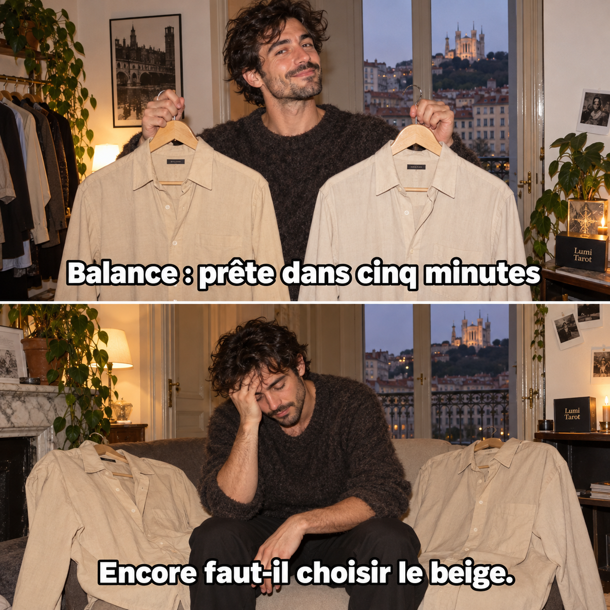 Mème de la Balance : un homme promet d’être prêt dans cinq minutes, puis hésite entre deux chemises beiges.