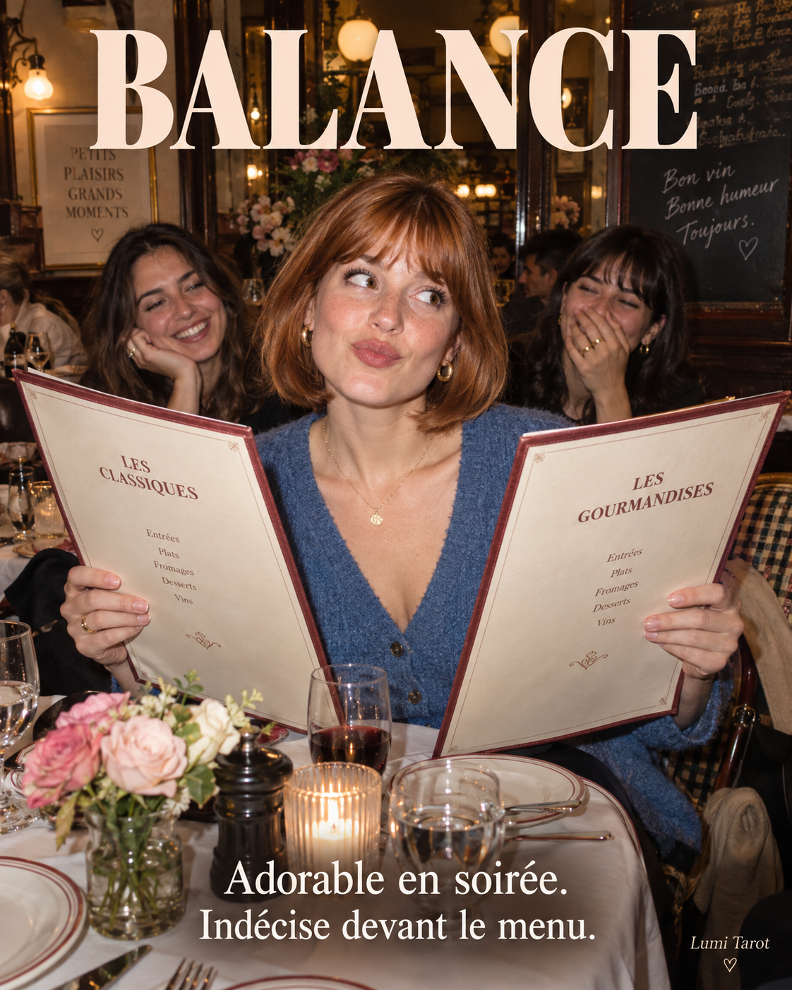 Mème de la Balance : une femme hésite entre deux menus dans un bistrot, malgré son aisance en société.