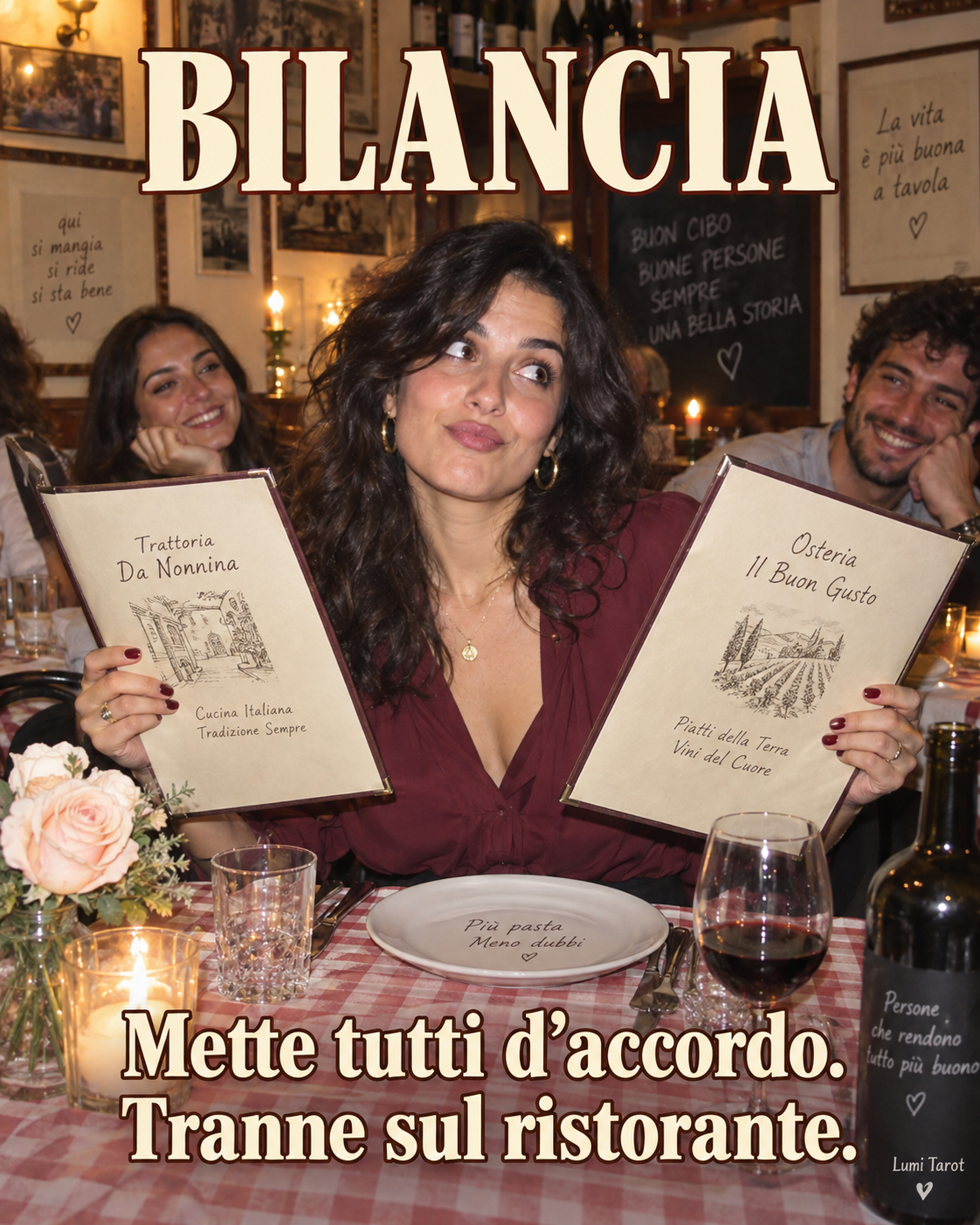 Meme della Bilancia: una donna confronta due menu, mettendo tutti d’accordo tranne sulla scelta del ristorante.
