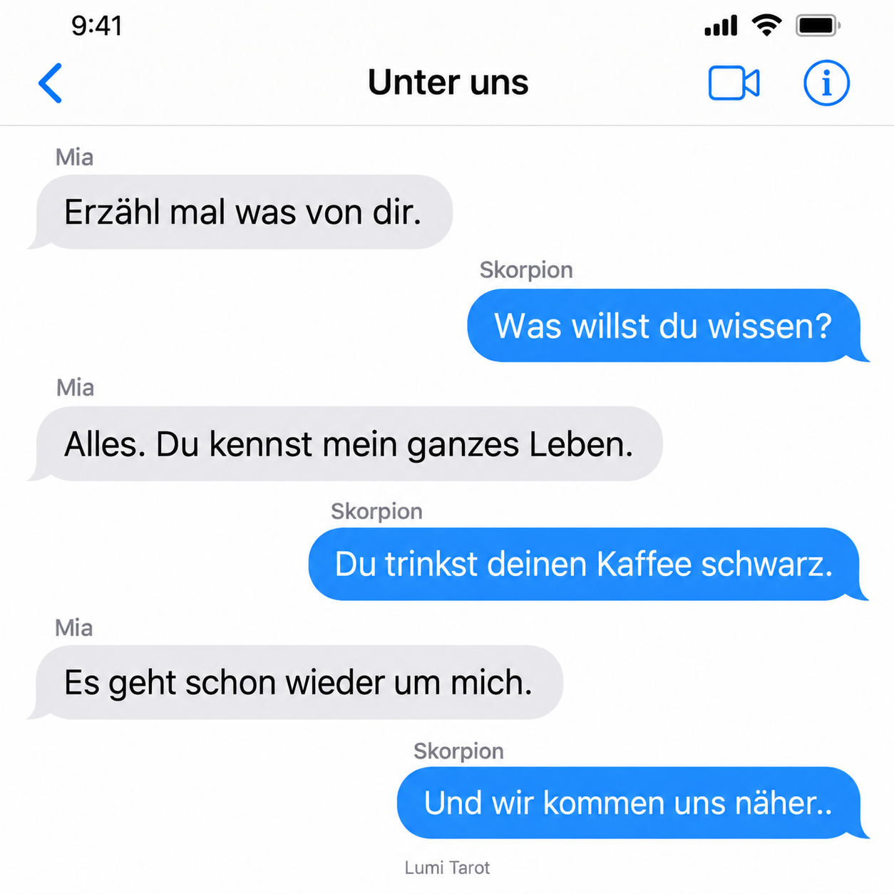 Erfundener Chat: Der Skorpion spricht über Mias Kaffee statt über sich selbst.