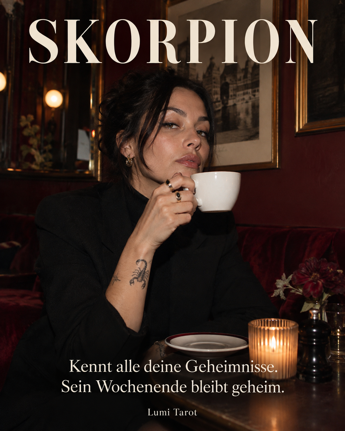 Skorpion-Meme: Eine Person mit Kaffee kennt deine Geheimnisse und schweigt über ihr Wochenende.