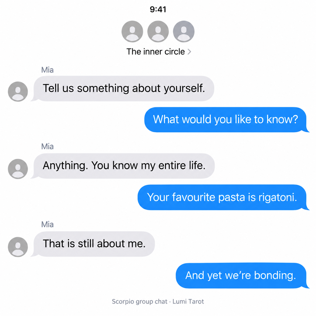 Fictional chat: Mia asks Scorpio to share something personal, but Scorpio keeps redirecting the conversation to her.