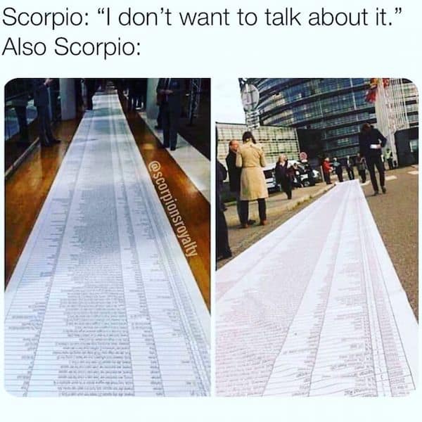 Scorpio says they do not want to talk, followed by two photographs of an extremely long list.