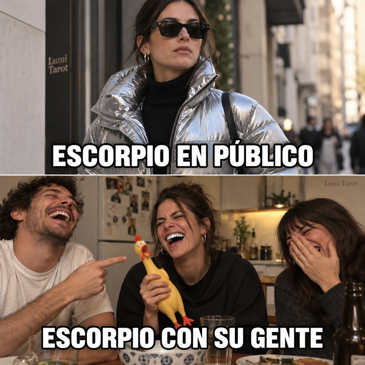 Escorpio serio en público y riéndose sin parar con sus amigos.