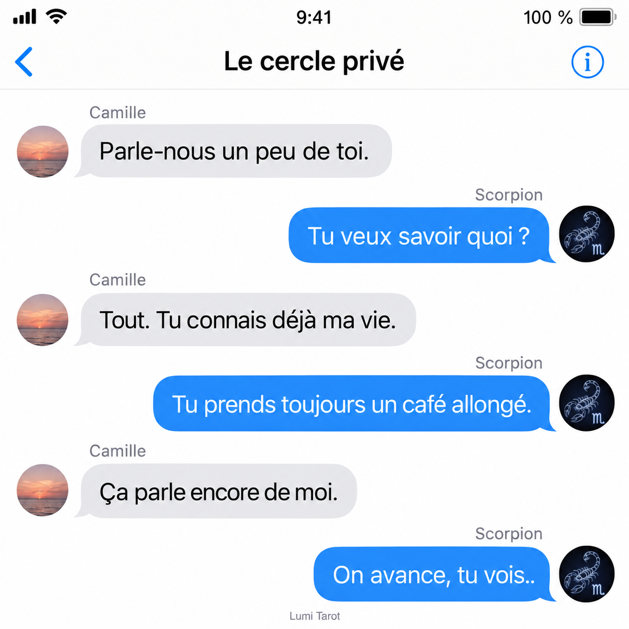 Conversation fictive : le Scorpion parle du café de Camille au lieu de se confier.