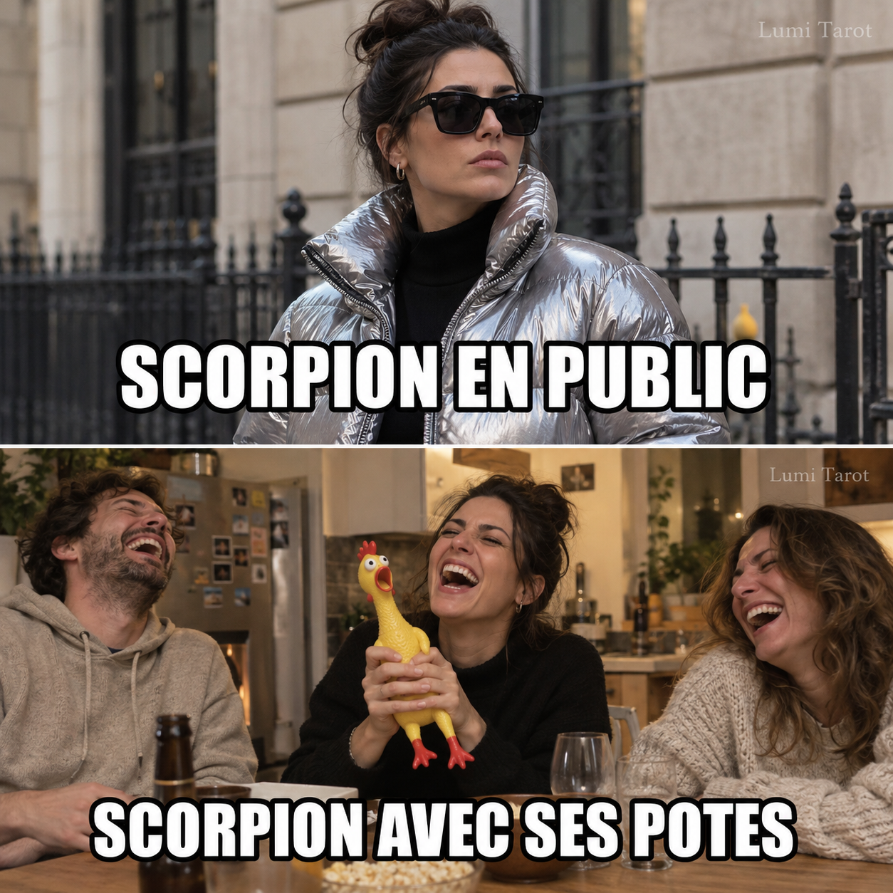Le Scorpion garde son sérieux en public et éclate de rire avec ses amis.