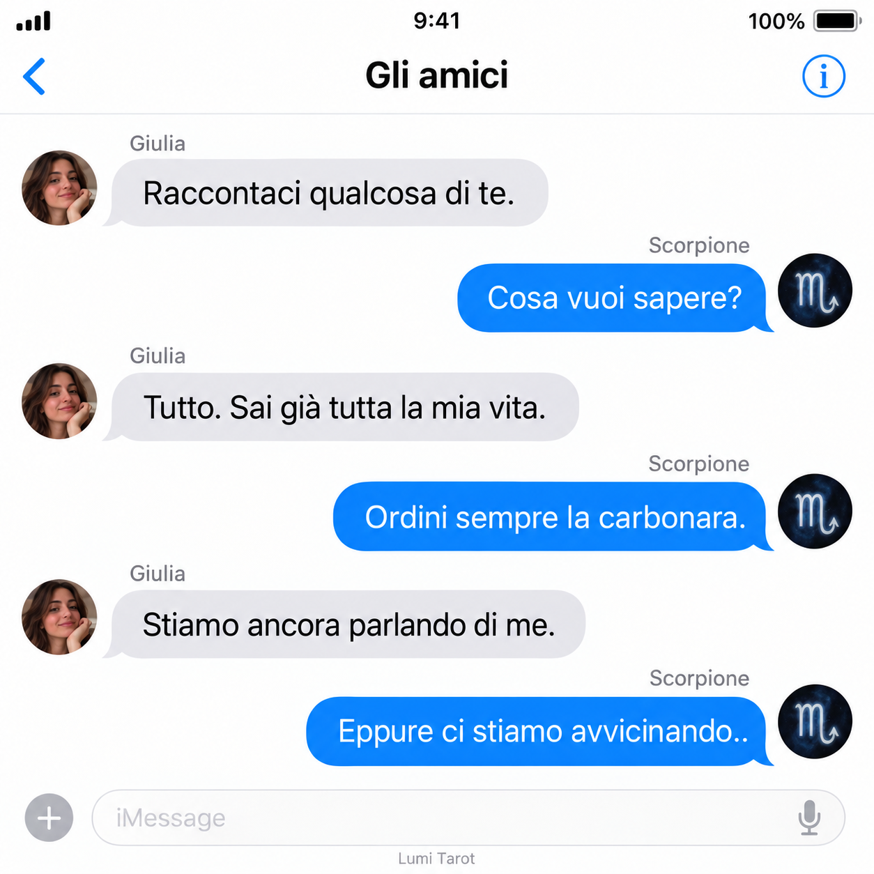 Chat immaginaria: lo Scorpione evita di parlare di sé ricordando le abitudini di Giulia.