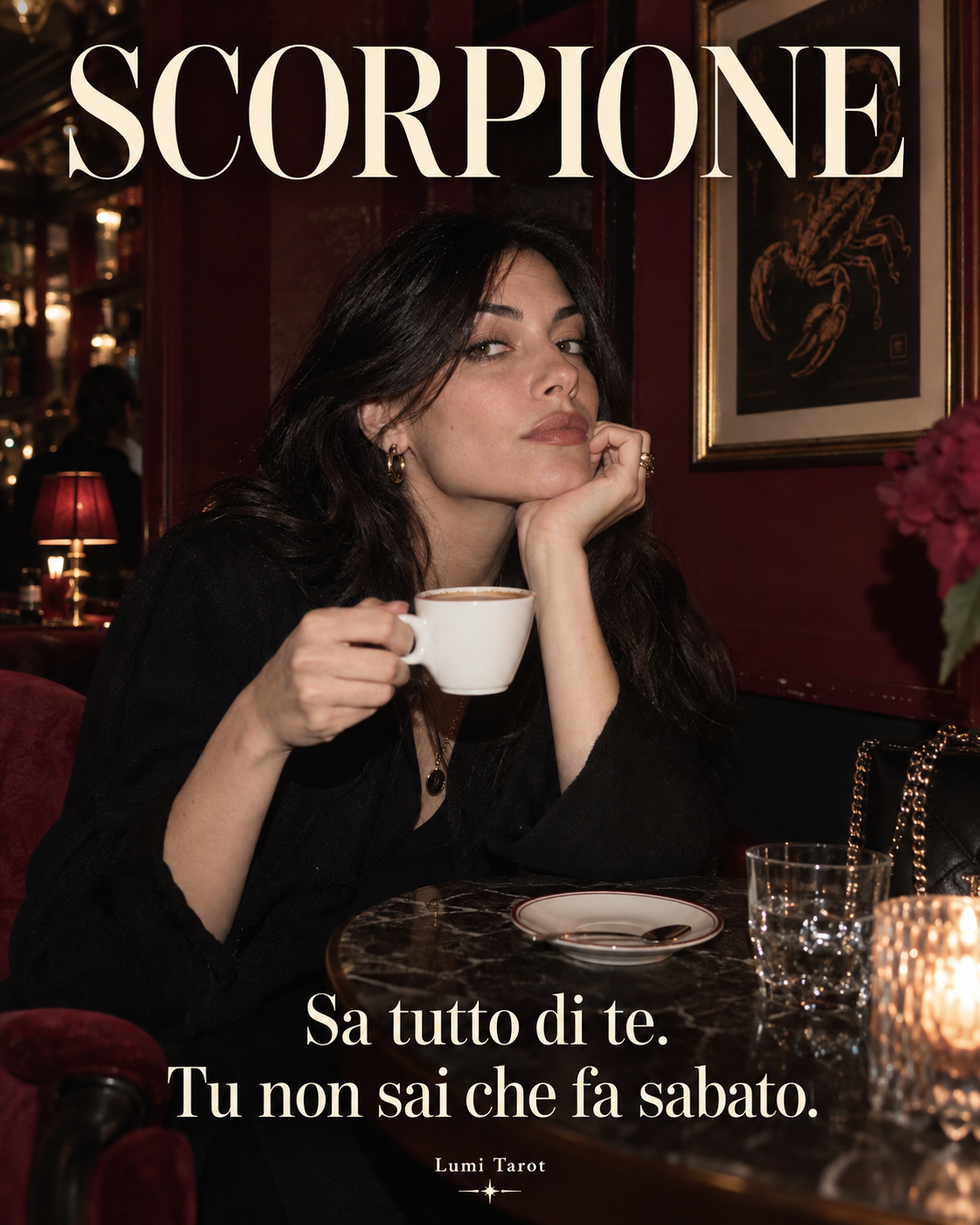 Scorpione: una donna con un caffè e una battuta sui suoi programmi segreti.