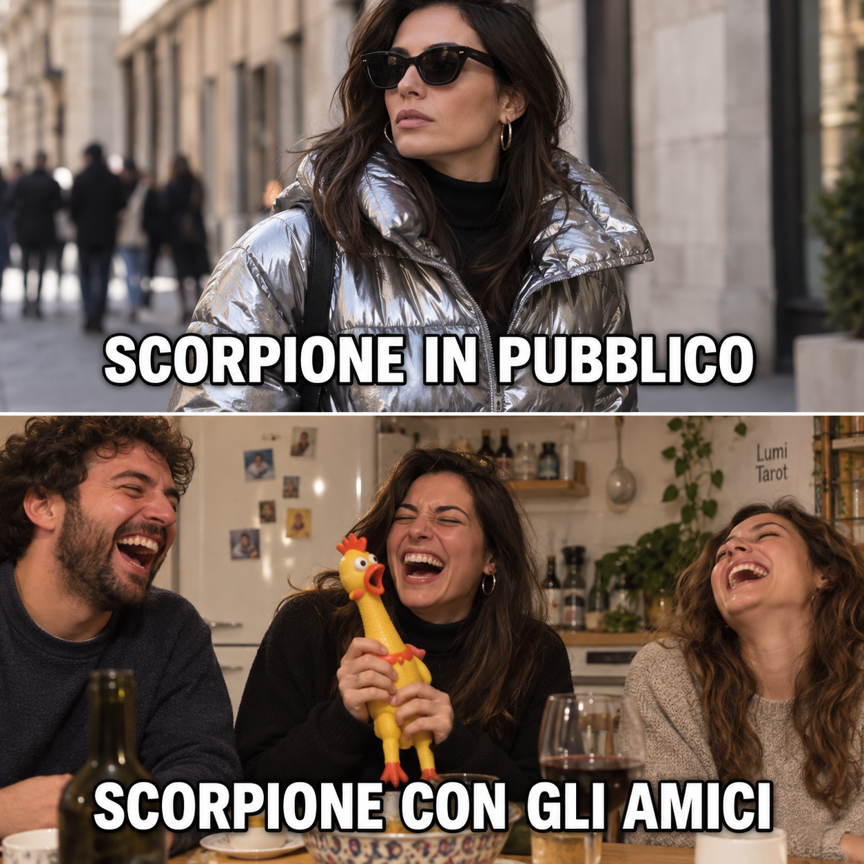 Scorpione serio in pubblico, poi ride con gli amici intorno a un tavolo.