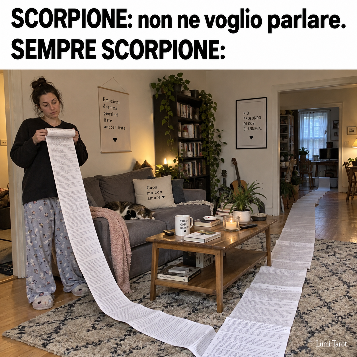 Meme dello Scorpione: dice di non volerne parlare, poi srotola un foglio lunghissimo.