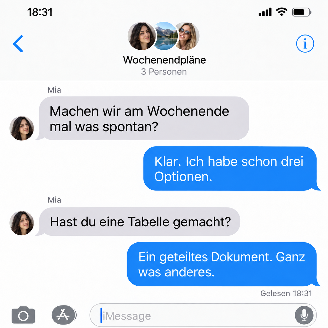 Erfundener Gruppenchat: Die Jungfrau hat bereits drei Optionen für ein spontanes Wochenende geplant.
