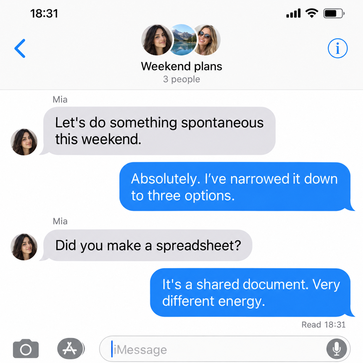 Fictional group chat: Mia suggests a spontaneous weekend and Virgo admits to making a shared planning document.