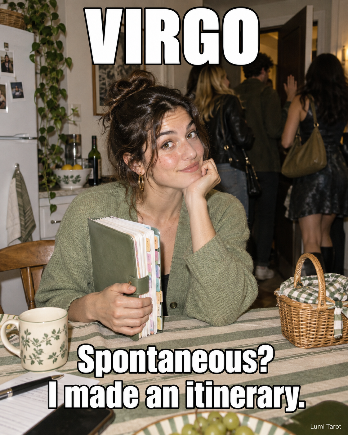 Virgo meme: a woman holds a planner for a supposedly spontaneous outing.
