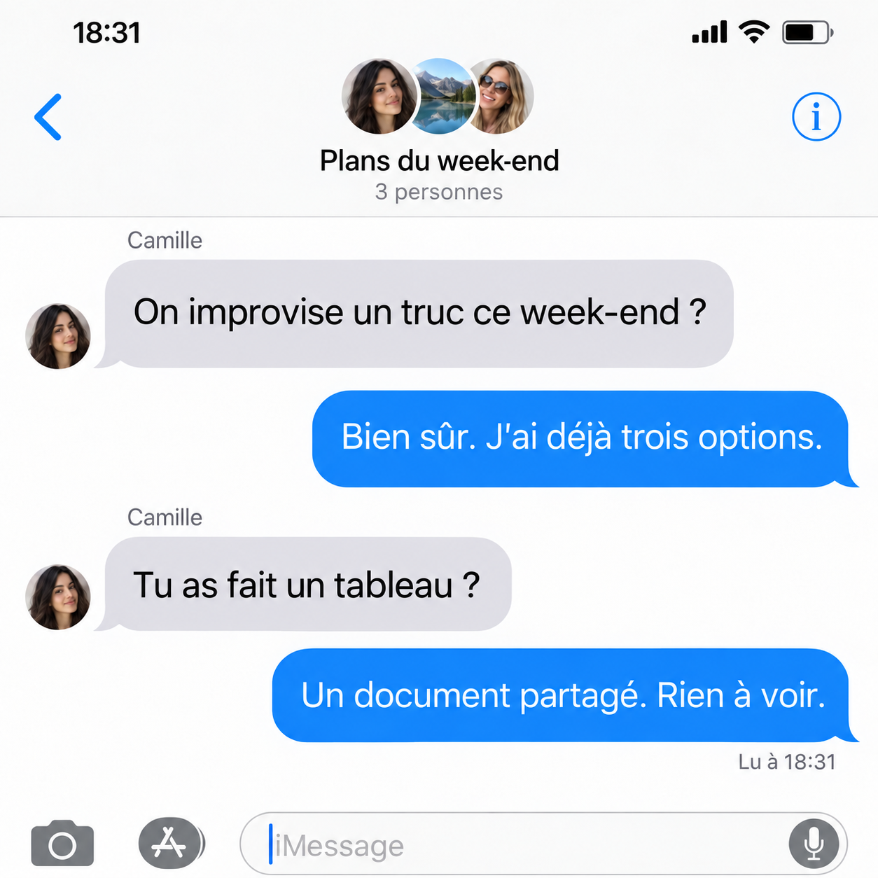 Conversation fictive : la Vierge a déjà préparé trois options pour un week-end improvisé.